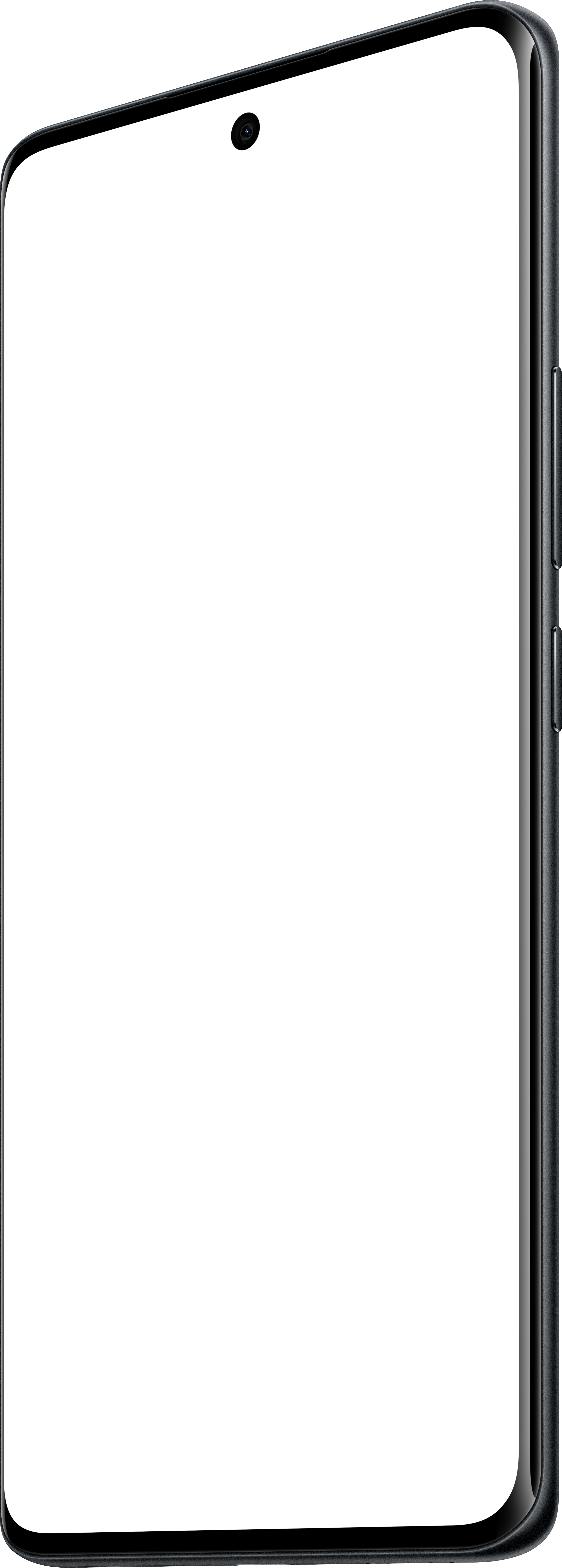 Ein schwarzes Smartphone mit Kamera vorne. Der Bildschirm ist schwarz. An der Seite Knöpfe.