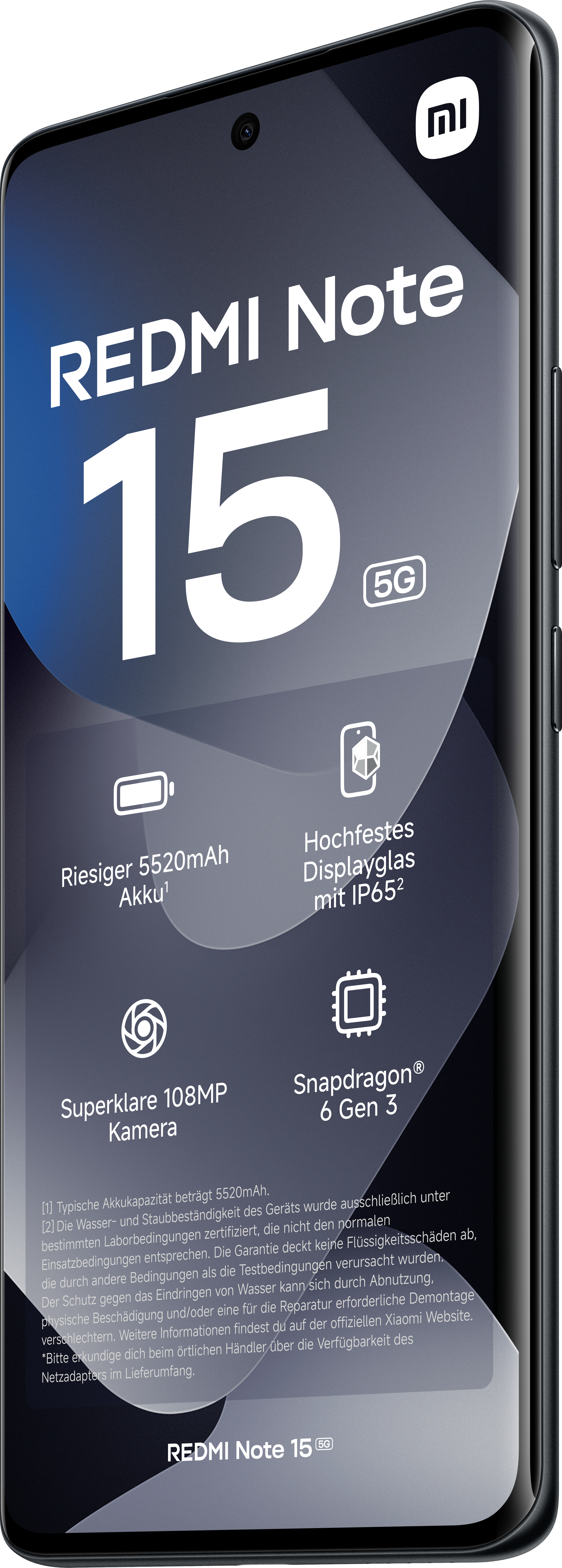 Ein Smartphone-Bildschirm zeigt 'Redmi Note 15' und Schlüsselfunktionen: 5G, großer Akku, robustes Display und 108MP Kamera.