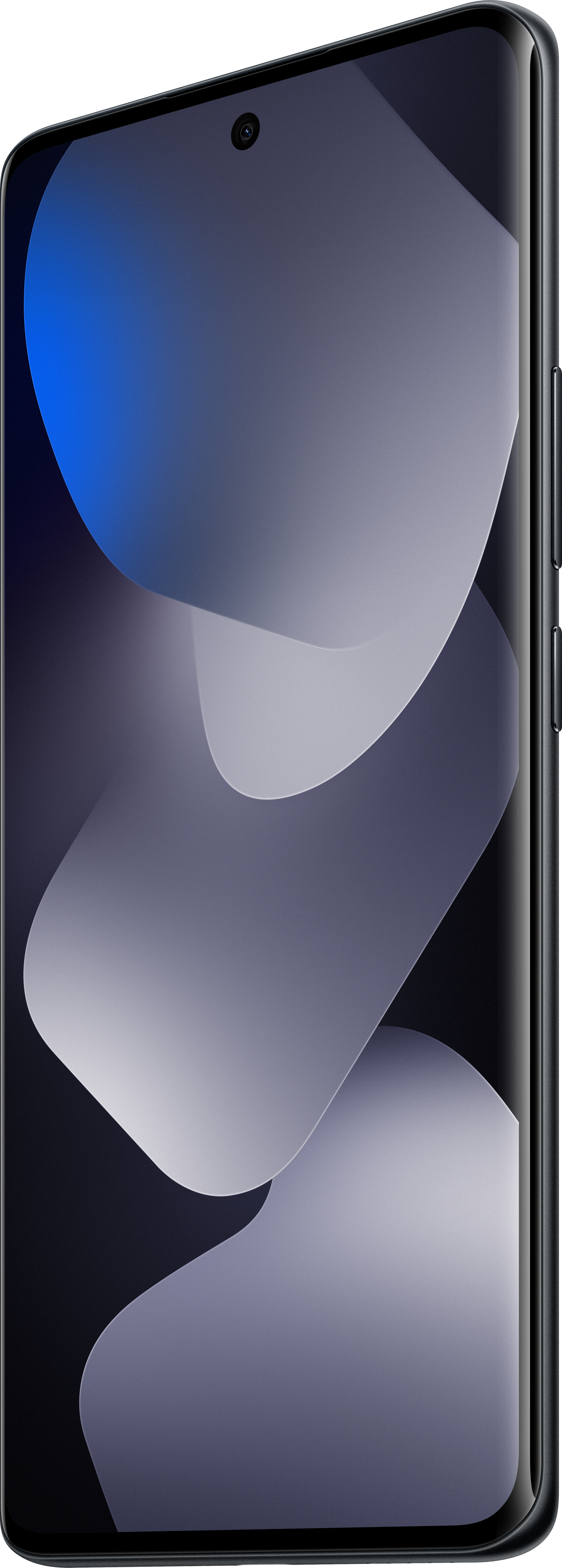 Ein Smartphone mit geschwungenem Bildschirm zeigt abstrakte, fließende Formen in Grau- und Blautönen.