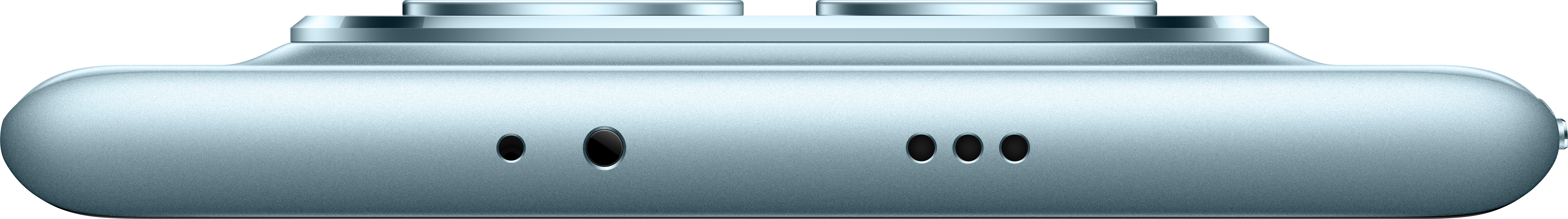 Seitenansicht eines hellblauen elektronischen Geräts mit drei kleinen Löchern und zwei runden Knöpfen.