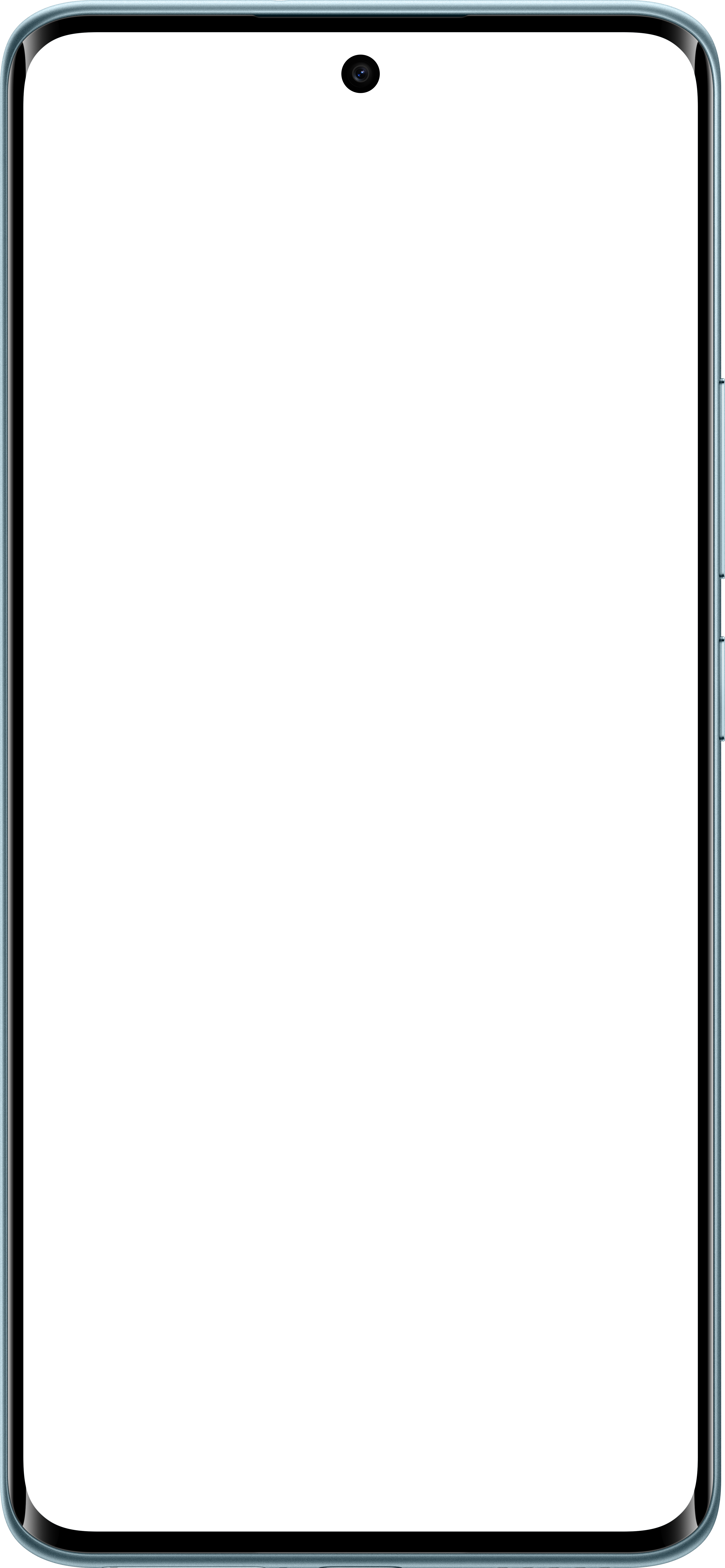Ein Smartphone mit schwarzem Bildschirm. Es hat eine abgerundete Kante, eine Kamera oben und Lautstärketasten rechts.