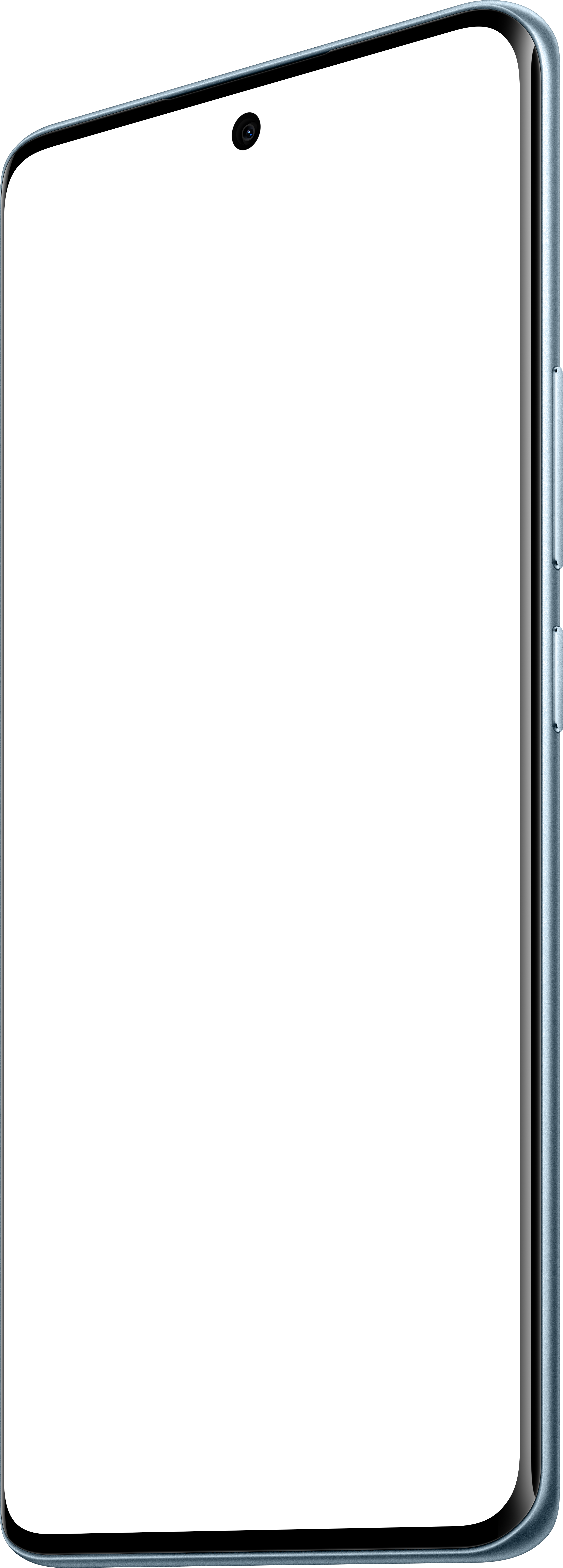 Ein Smartphone mit hellblauem Rahmen und schwarzem Bildschirm. Kamera oben. Ein/Aus- und Lautstärketasten an der Seite.