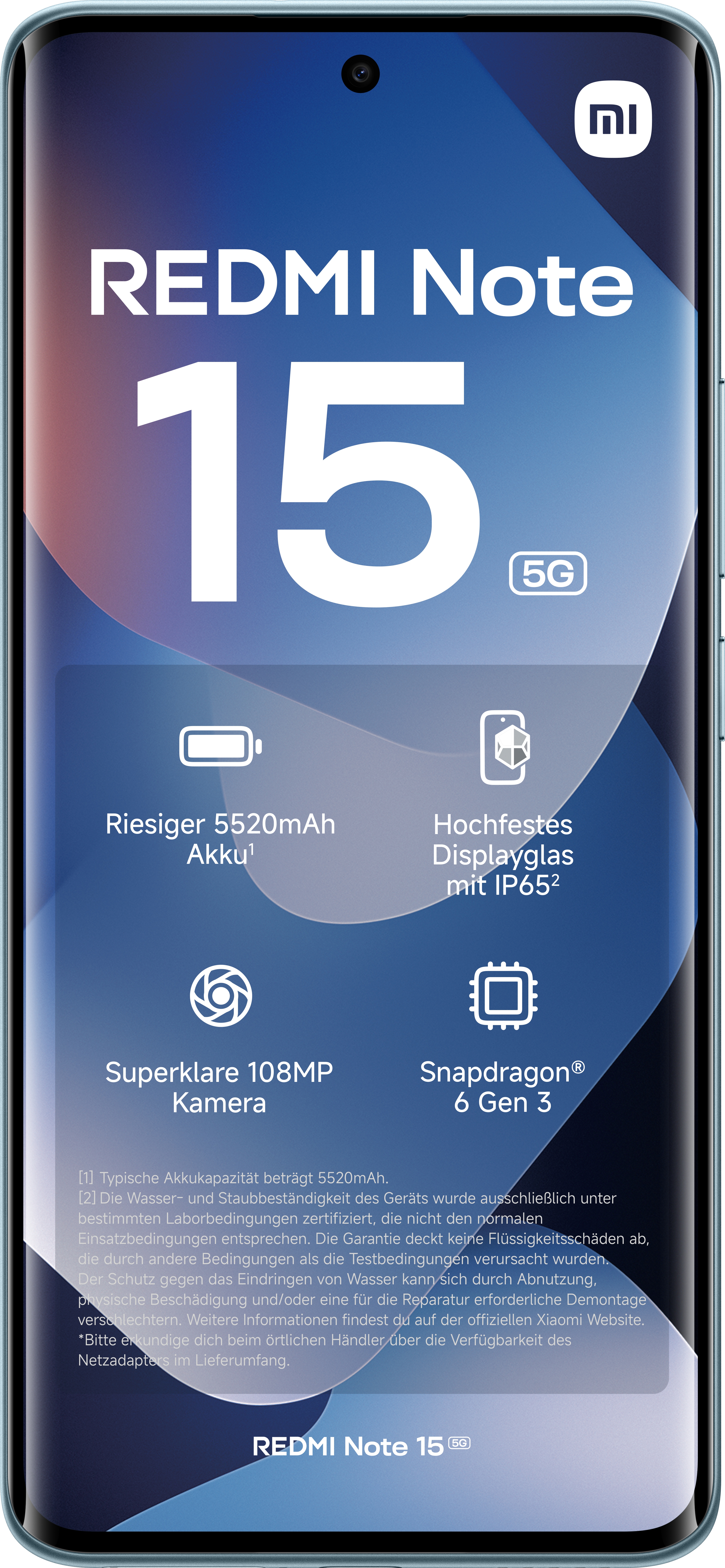 Ein Redmi Note 15-Handy. Es hat eine große 15 in weißem Text, ein 5G-Logo und aufgelistete Schlüsselfunktionen.