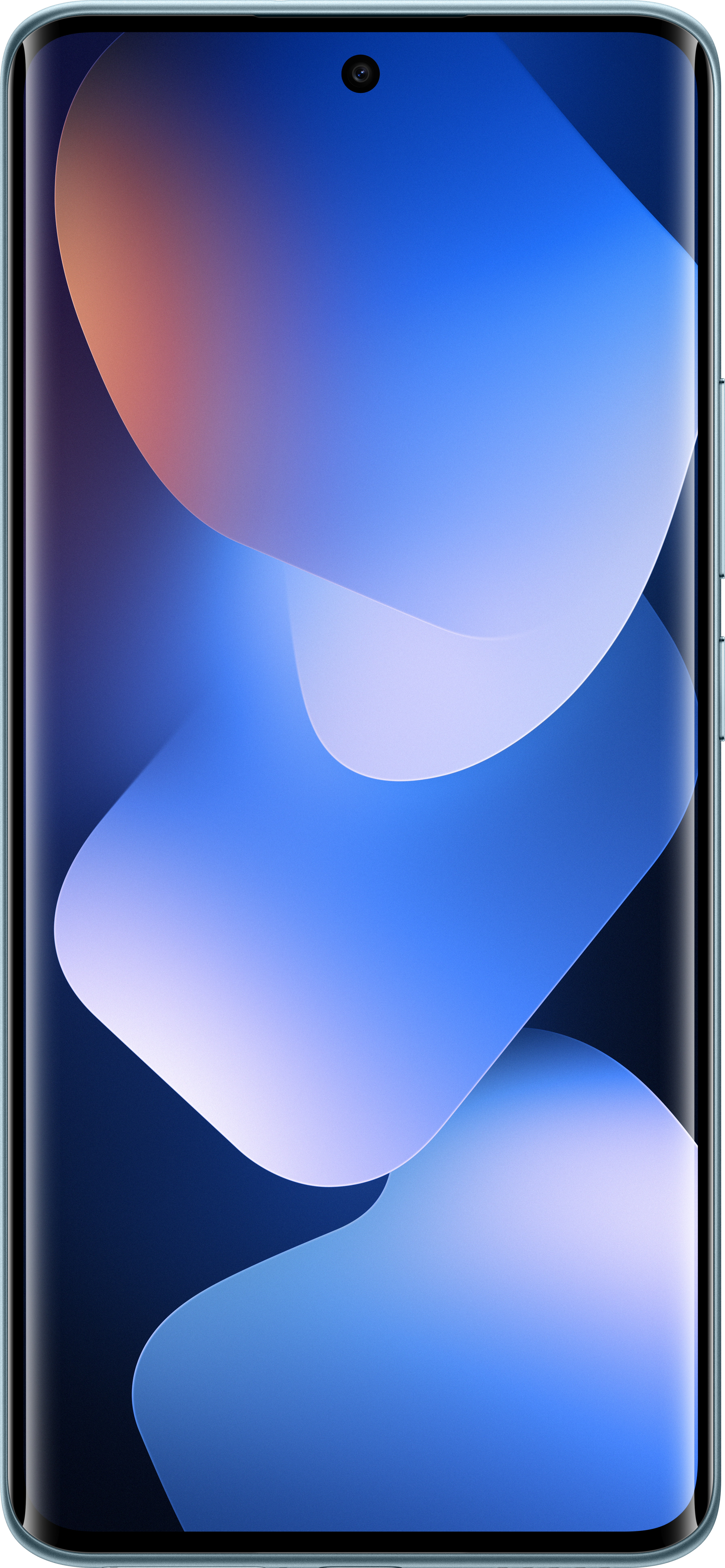 Ein Smartphone-Bildschirm zeigt ein blau-weißes abstraktes Design mit einer Kamera oben. Das Telefon hat einen mintgrünen Rahmen.