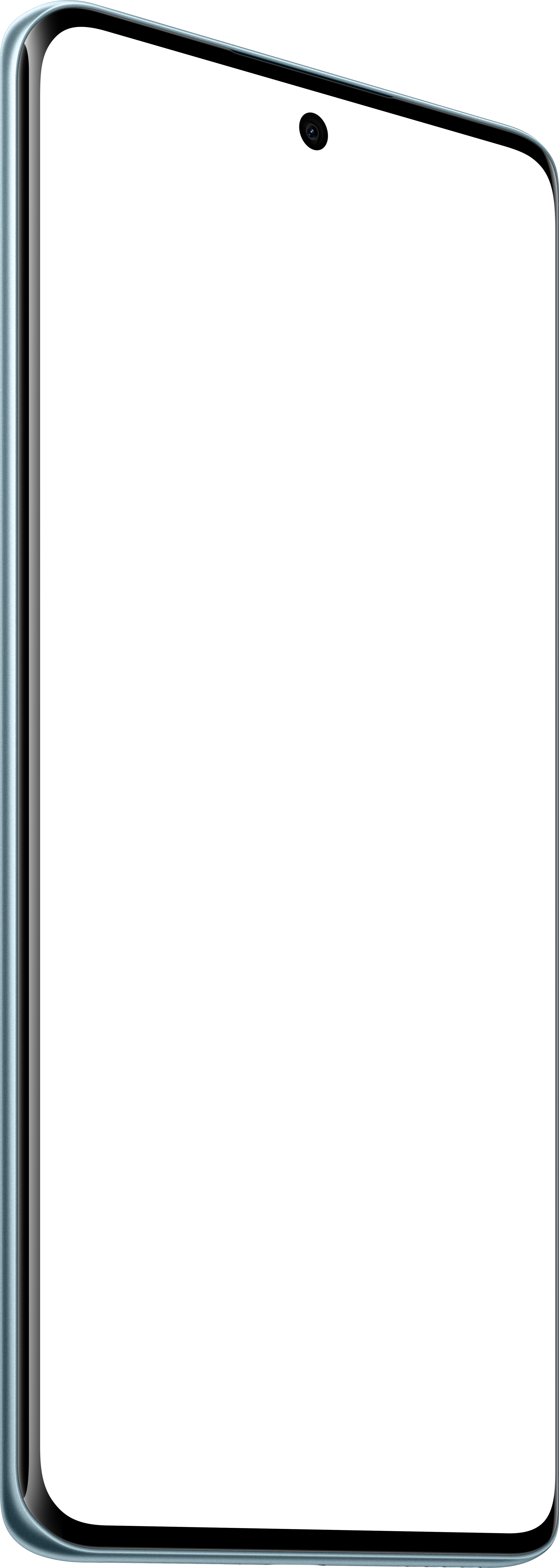 Ein Smartphone mit schwarzem Bildschirm und Frontkamera. Das Telefon hat einen silberblauen Rahmen.
