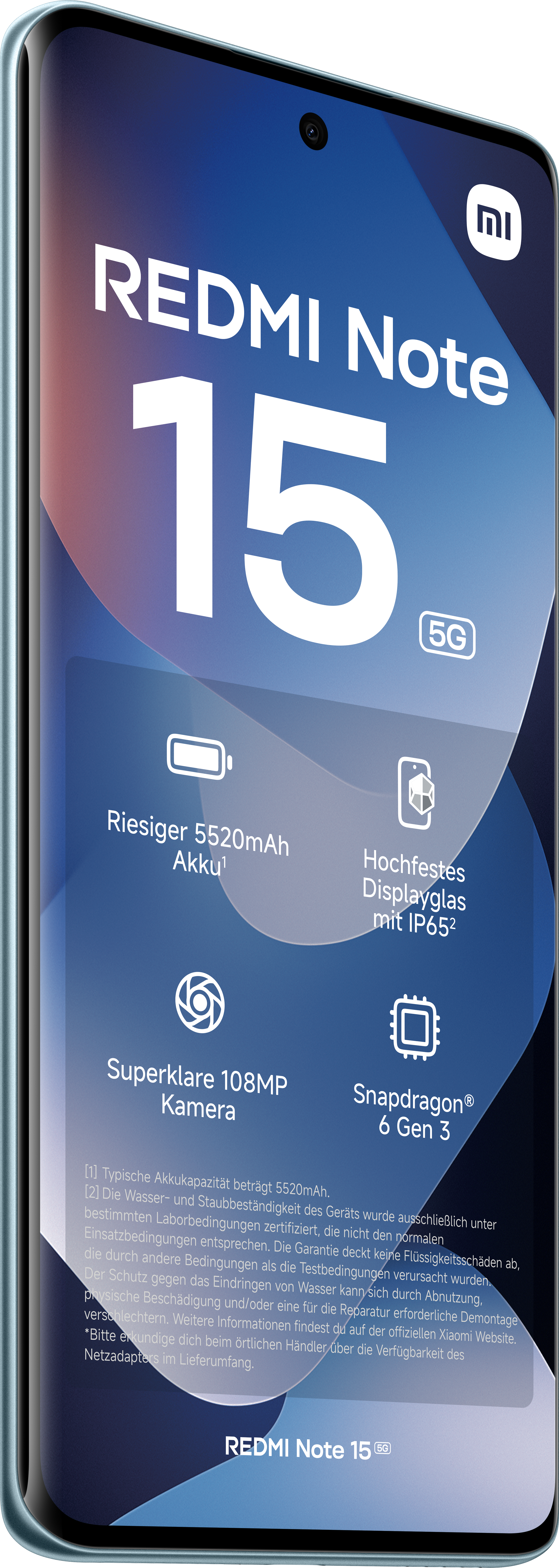 Ein Redmi Note 15-Telefon mit der Nummer 15. Zu den Merkmalen gehören ein großer Akku und eine 108-MP-Kamera.
