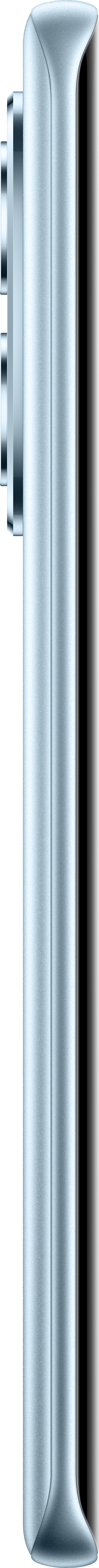 Seitenansicht eines hellblauen Smartphones mit abgerundeten Kanten. Das Telefon hat ein Kameramodul und einen schwarzen Hintergrund.