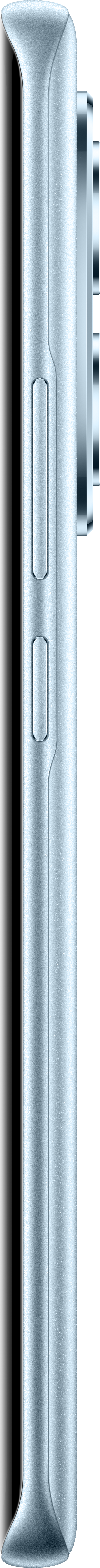 Seitenansicht eines hellblauen Smartphones. Es hat zwei Tasten und ein Kameramodul. Der Hintergrund ist schwarz.