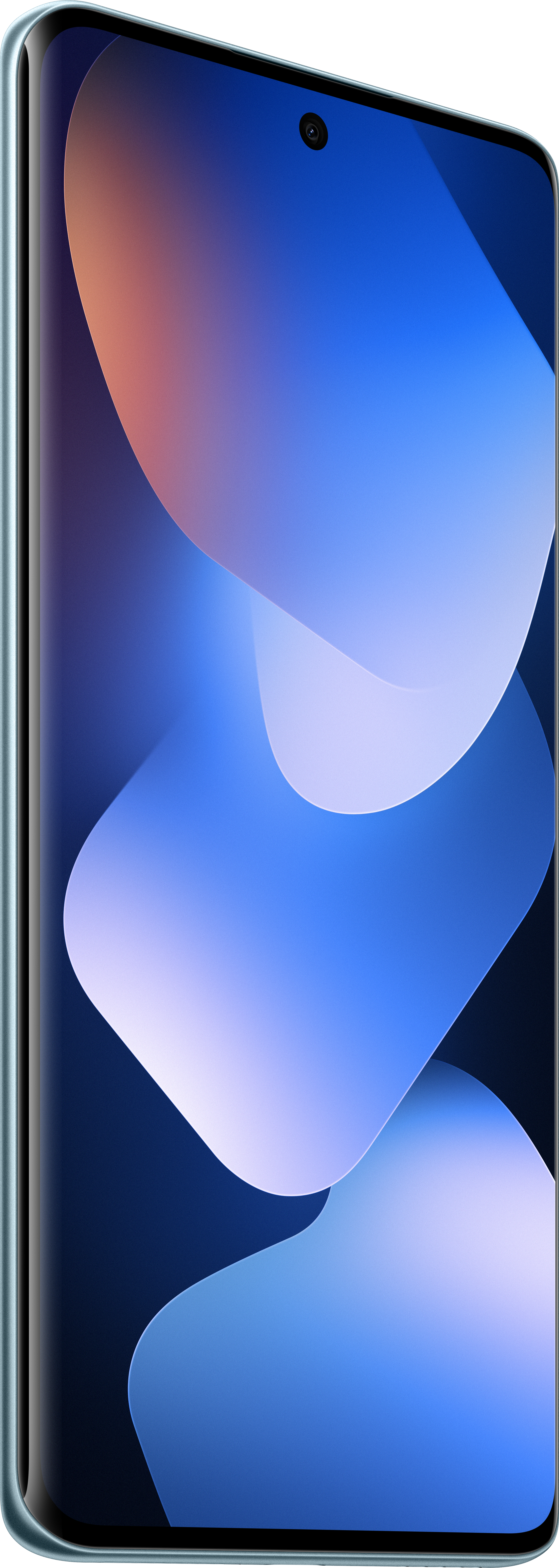 Ein Smartphone-Bildschirm zeigt ein blau-weißes abstraktes Design mit einer Kamera oben. Das Telefon hat einen türkisfarbenen Rahmen.