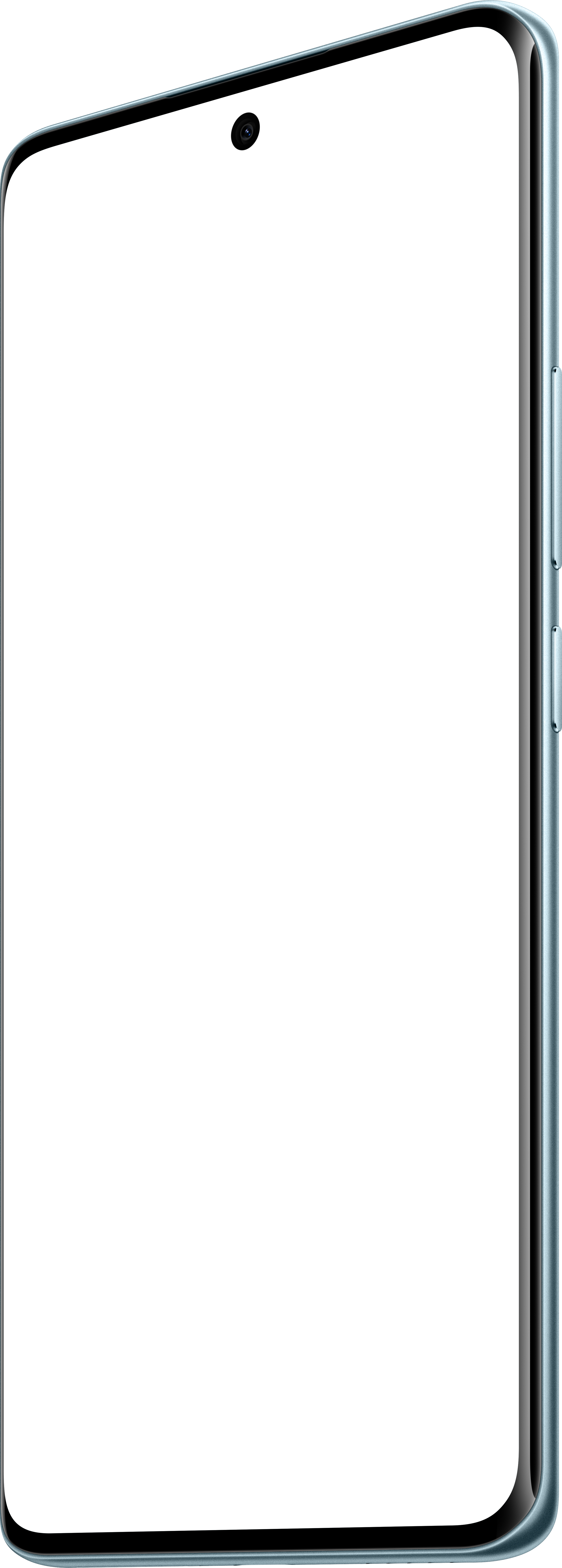 Ein Smartphone mit schwarzem Bildschirm. Das Telefon hat einen hellblauen Rahmen mit Knöpfen und eine Frontkamera.