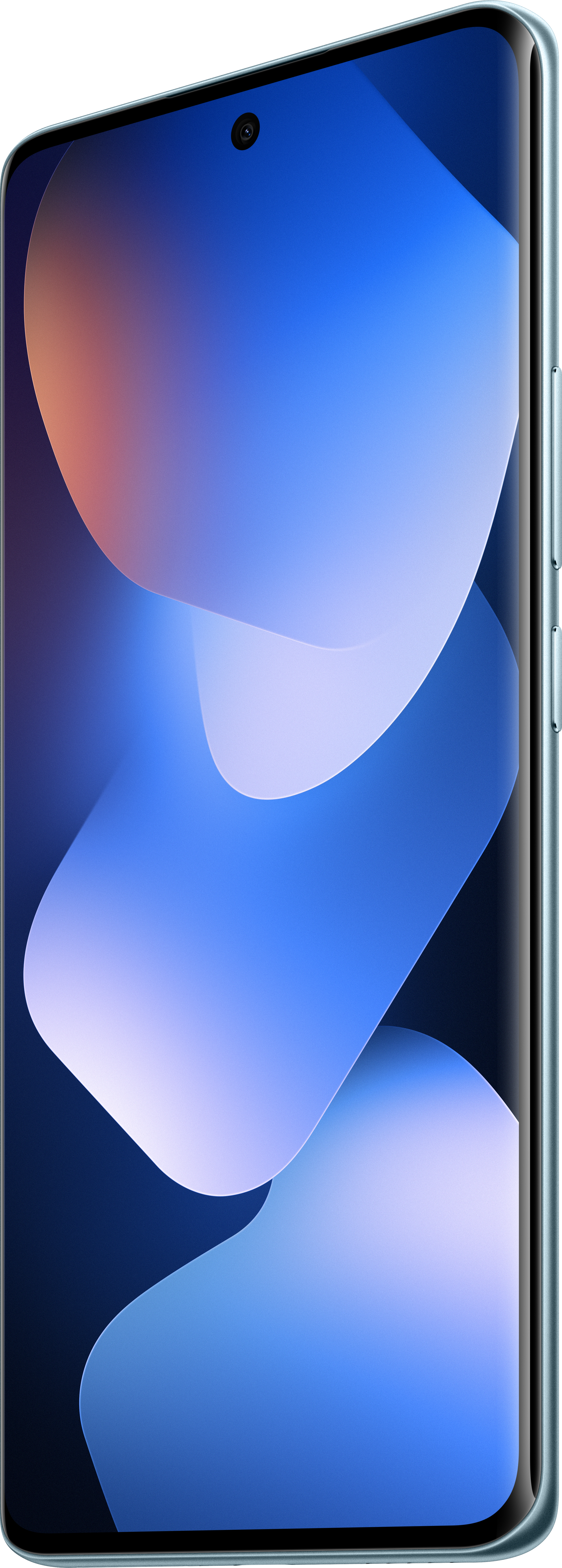 Ein Smartphone, das ein blaues und weißes abstraktes Design auf dem Bildschirm zeigt. Das Telefon ist hellblau.
