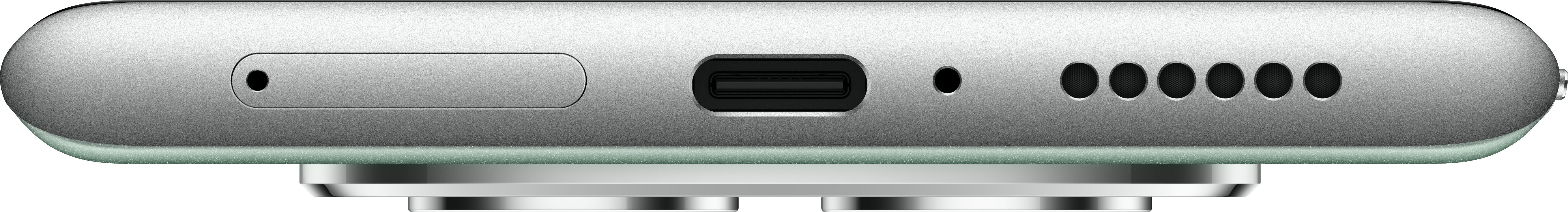 Nahaufnahme der Unterkante eines Telefons. Es hat einen SIM-Einschub, einen USB-C-Anschluss, ein Mikrofon und Lautsprecher. Das Gehäuse ist silberfarben.
