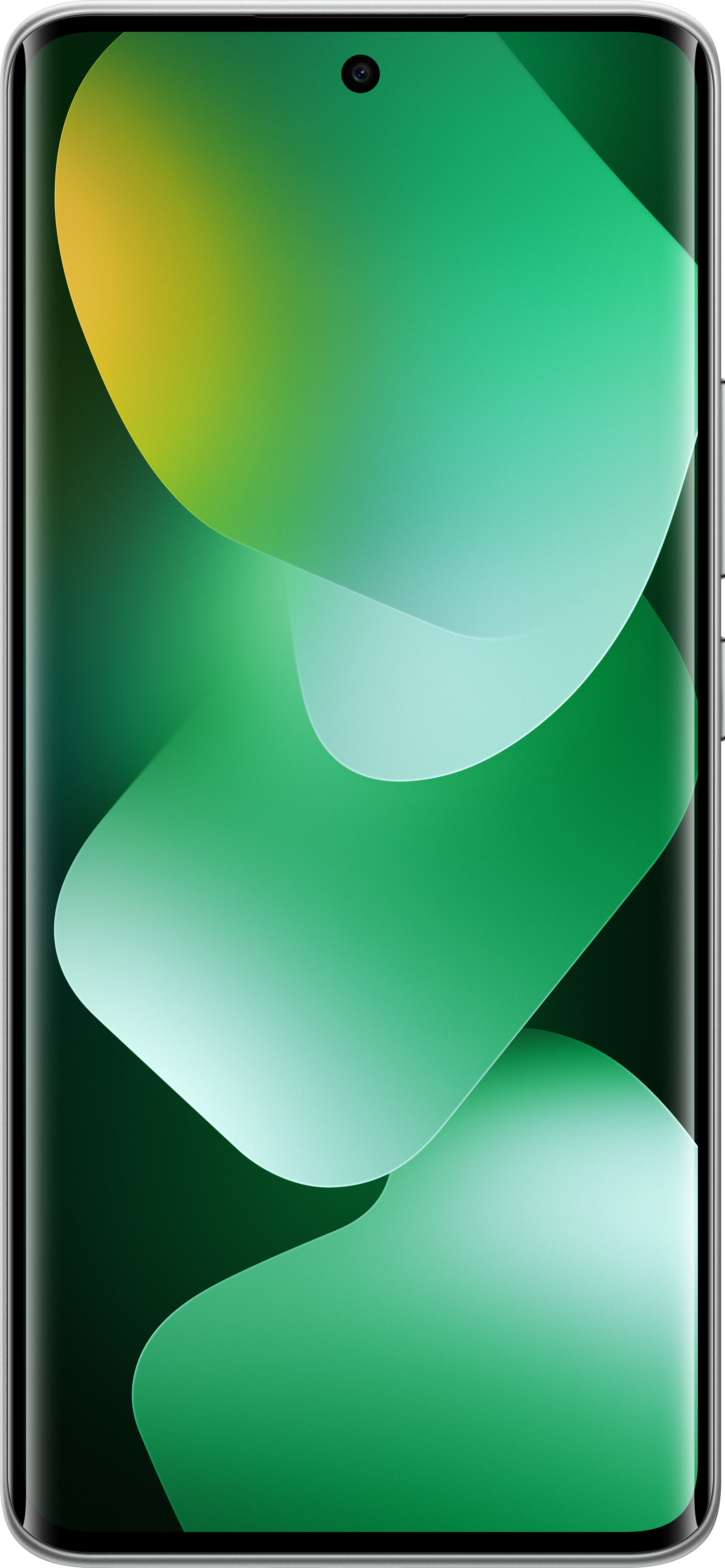 Smartphone-Bildschirm mit abstrakten grünen und gelben Formen. Das Telefon hat oben einen schwarzen Kamerapunkt.