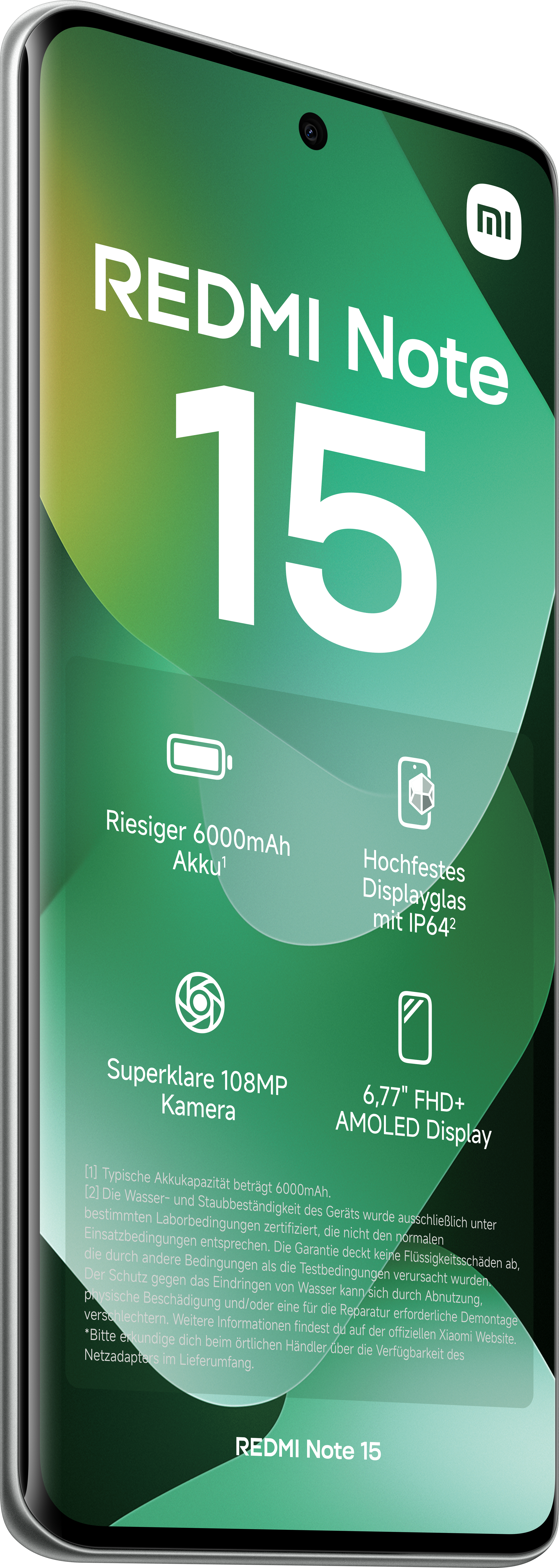 Ein Telefondisplay zeigt 'REDMI Note 15' mit Funktionen wie 6000mAh Akku, Displayglas, 108MP Kamera und AMOLED-Display.