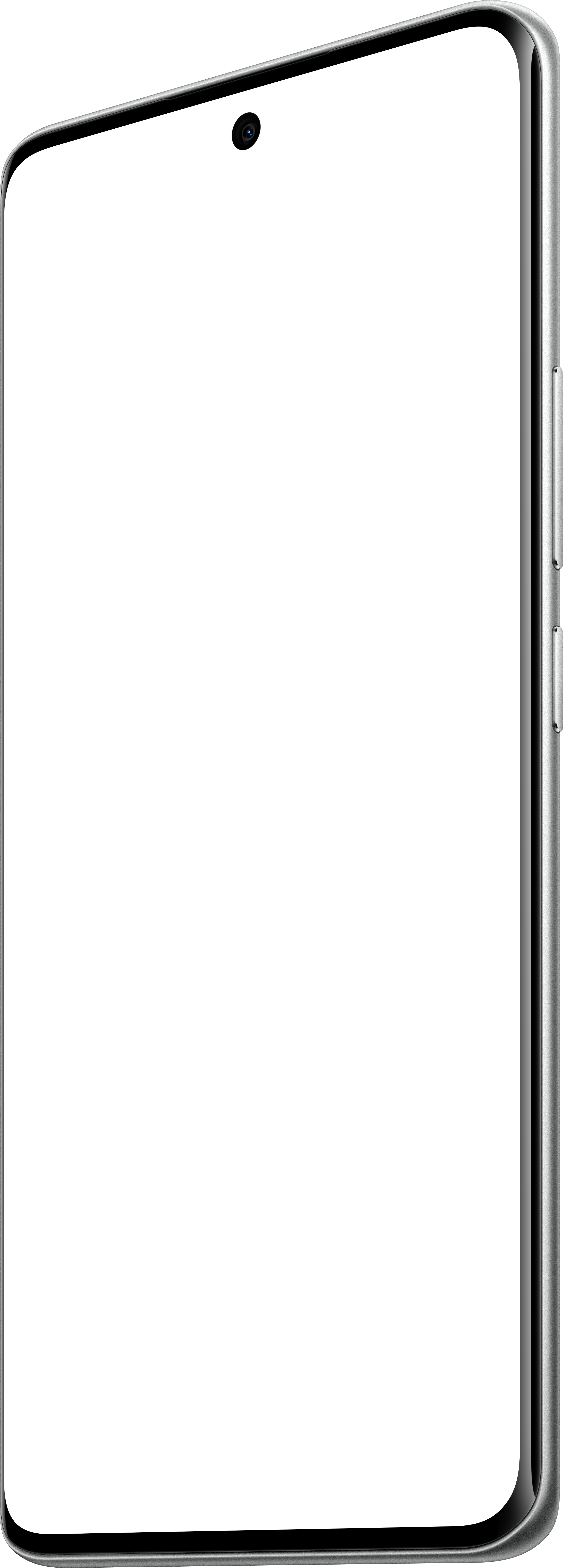 Ein Smartphone mit schwarzem Bildschirm, Kamera oben und silbernen Kanten wird angezeigt.