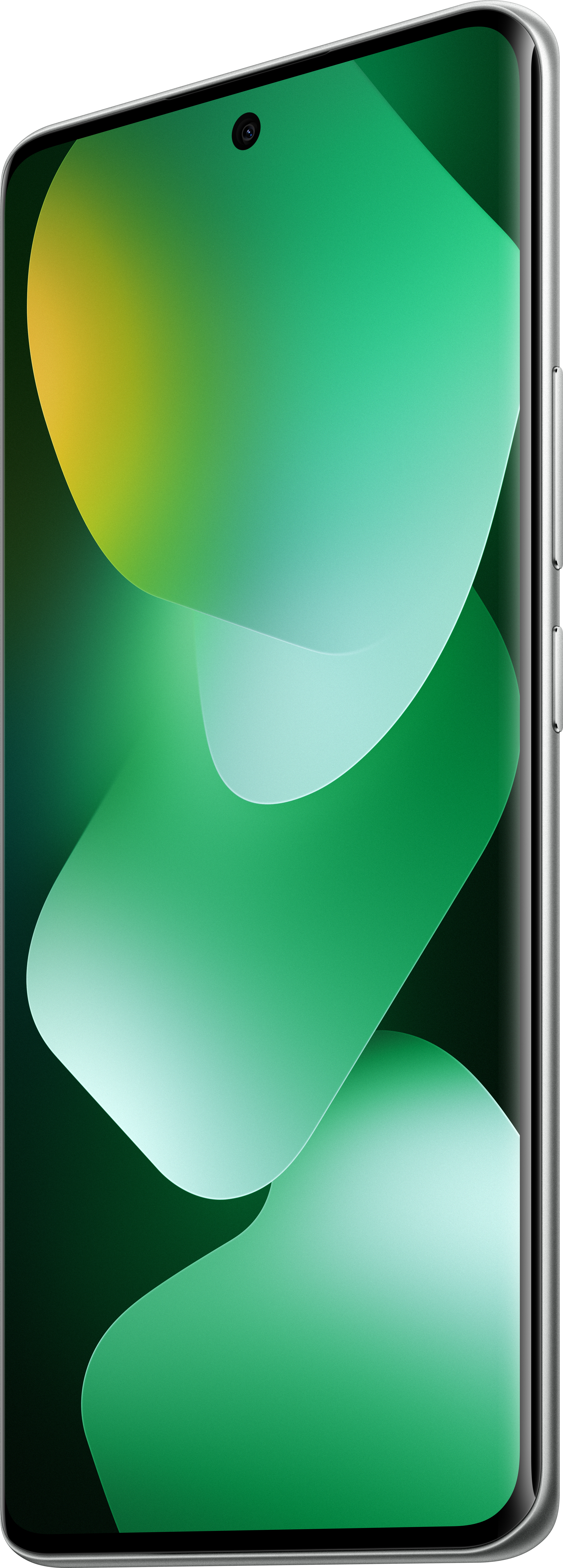Ein Smartphone mit gebogenem Bildschirm. Es hat einen grünen Farbverlauf-Hintergrund und einen silbernen Rahmen.