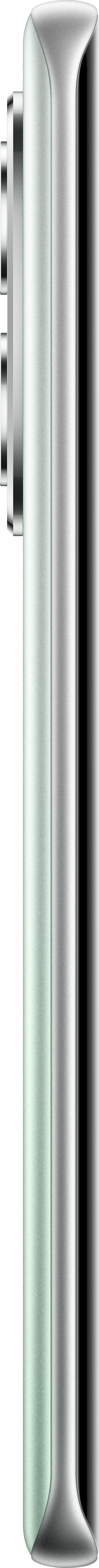 Seitenansicht eines hellgrünen und silbernen Smartphones. Der Hintergrund ist schwarz.