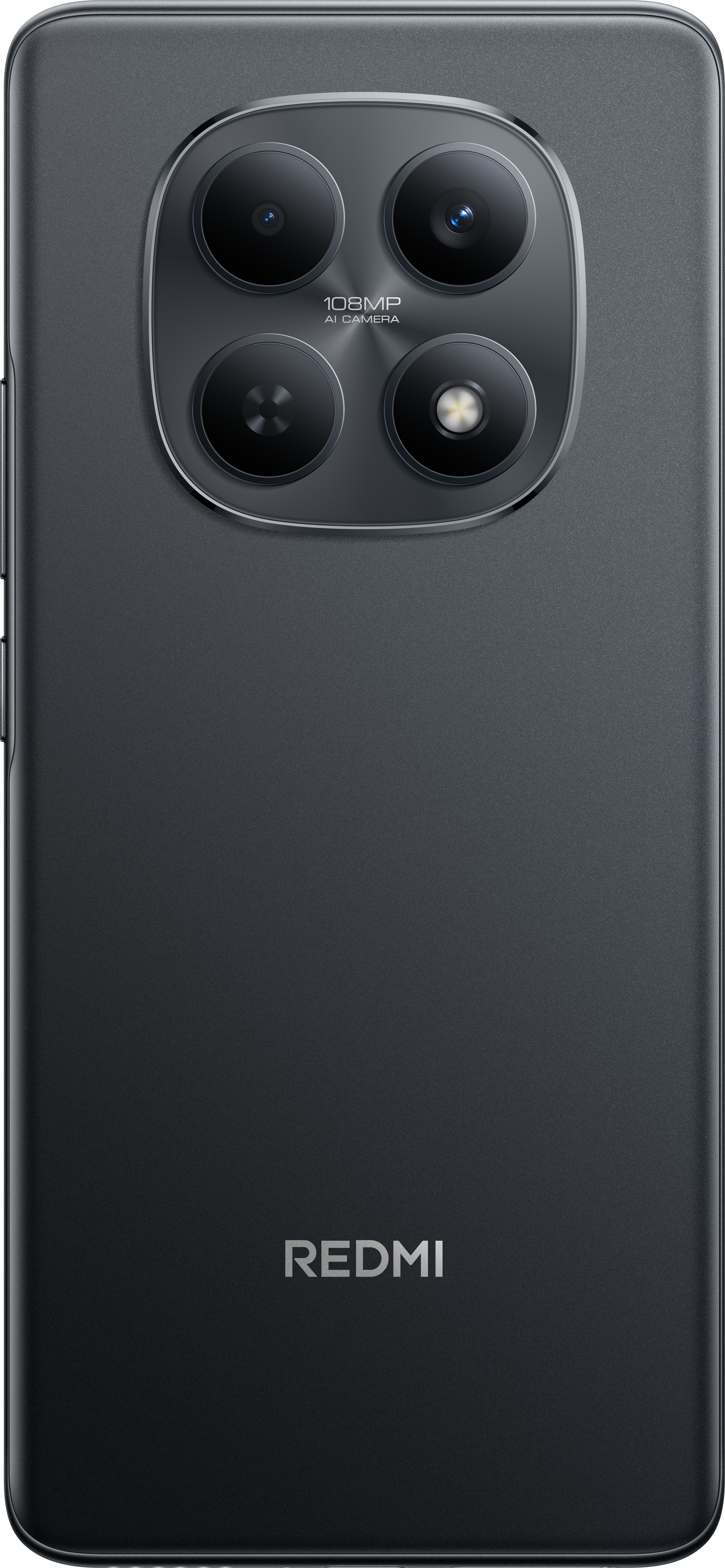 Schwarze Redmi-Telefonrückseite mit Kameramodul. Das Modul hat vier Objektive und eine 108MP AI-Kamera-Bezeichnung. Das Redmi-Logo befindet sich unten.