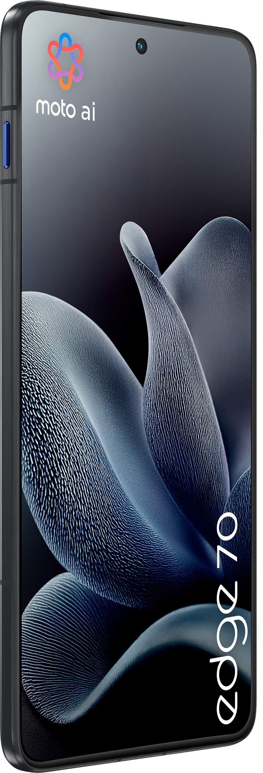 Smartphone mit blauem Blumenz Hintergrund. Das Telefon ist schwarz mit den Worten 'edge 70' auf dem Bildschirm.