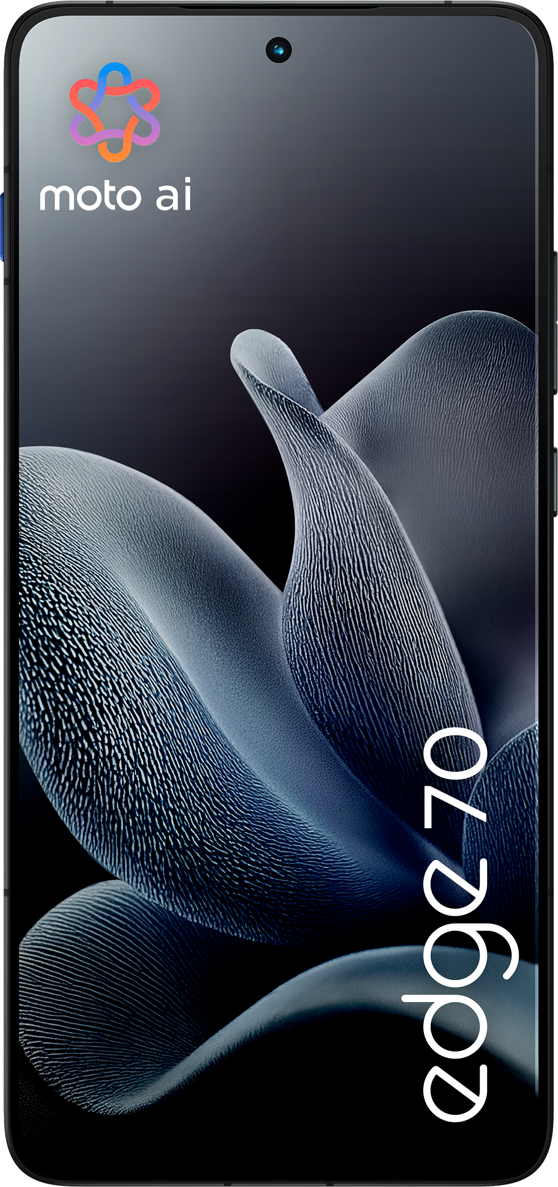 Ein Smartphone zeigt abstrakte blaue Blumenkunst. Oben steht 'moto ai', unten 'edge 70'.