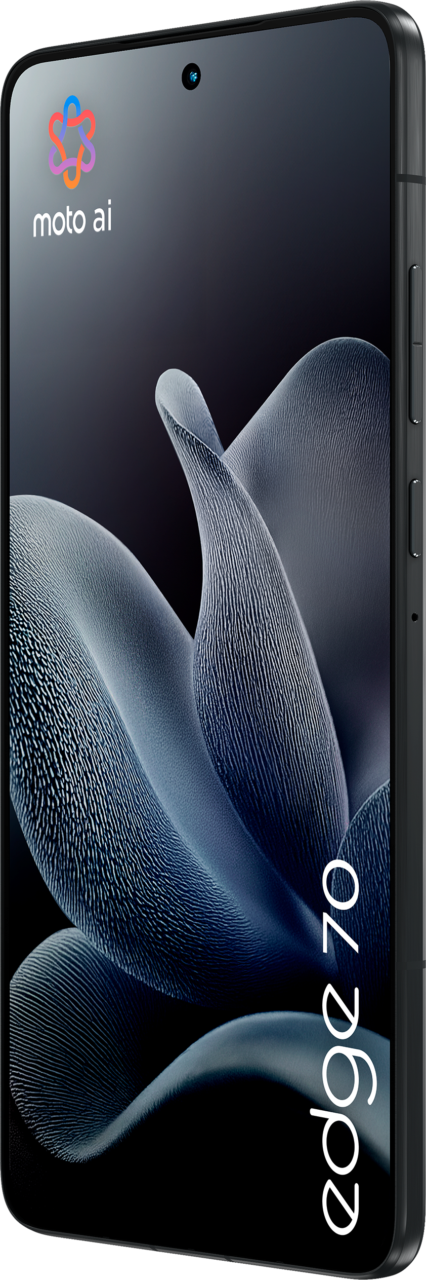 Ein Smartphone mit blauem Blumendesign auf dem Bildschirm. Der Text 'edge 70' steht auf dem Telefon. 'moto ai' Logo oben.