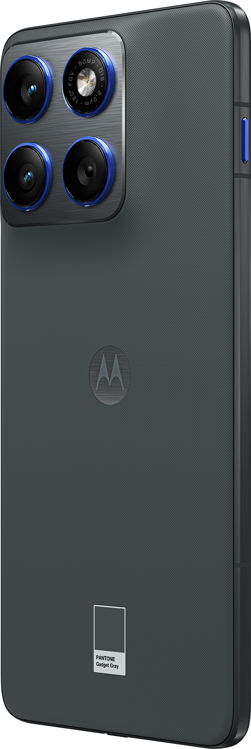 Graue Smartphone-Rückseite mit Kameralinsen. Es hat ein Motorola-Logo und ein Pantone Gadget Gray-Etikett.