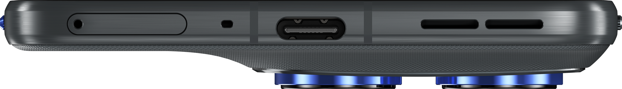 Nahaufnahme einer dunklen Geräteoberkante. Enthält Kopfhöreranschluss, USB-C-Anschluss und zwei Schlitze. Blaue und silberne Details.