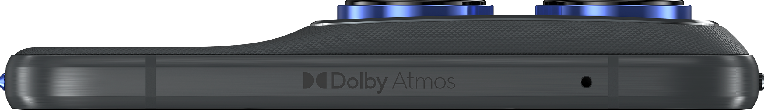 Seitenansicht eines dunklen Geräts mit blauen Akzenten. Dolby Atmos Logo sichtbar.