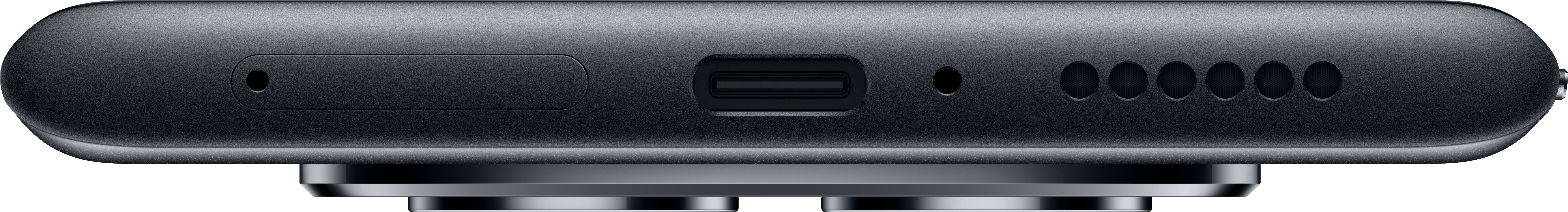 Nahaufnahme des unteren Randes eines dunkelgrauen Geräts. Es hat einen SIM-Kartensteckplatz, USB-C-Anschluss und Lautsprecherlöcher.