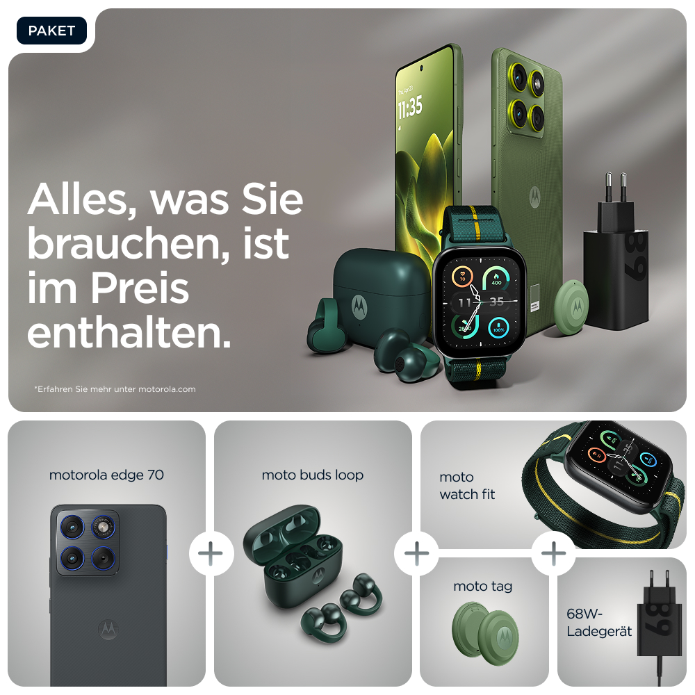 Das Bild zeigt Motorola-Produkte: Telefon, Ohrhörer, Uhr, Tag und Ladegerät. Alles in Grüntönen. Text: 'Alles, was Sie brauchen, ist enthalten'.