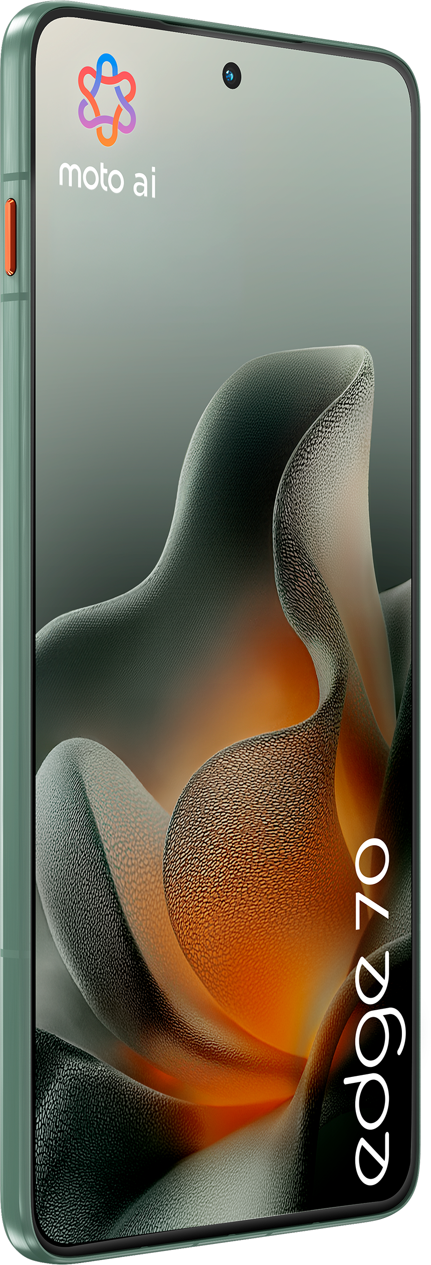 Ein grünes Smartphone mit geschwungenem Bildschirm zeigt ein abstraktes Blumendesign, der Text 'edge 70' ist sichtbar.