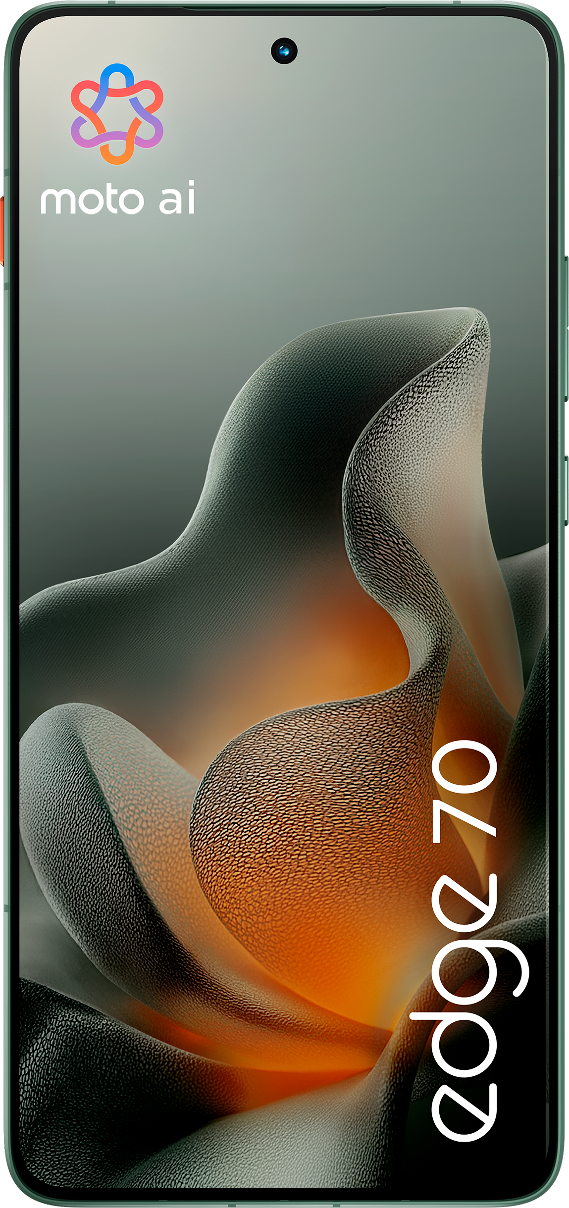 Smartphone mit grünem Rahmen. Das Display zeigt abstrakte Kunst mit orange und schwarzen Farben, der Text 'edge 70' ist sichtbar.
