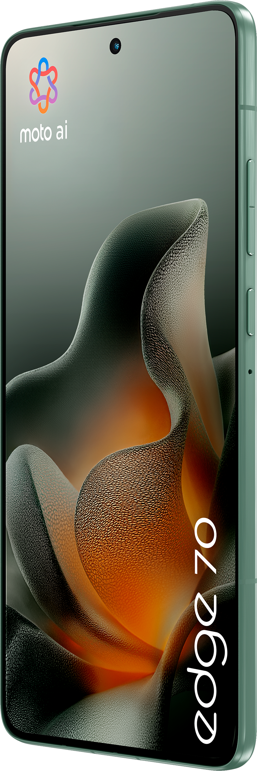 Ein grünes Telefon zeigt ein 3D-Abstrakt-Design mit orangefarbenen und schwarzen Texturen, mit Edge 70-Text.