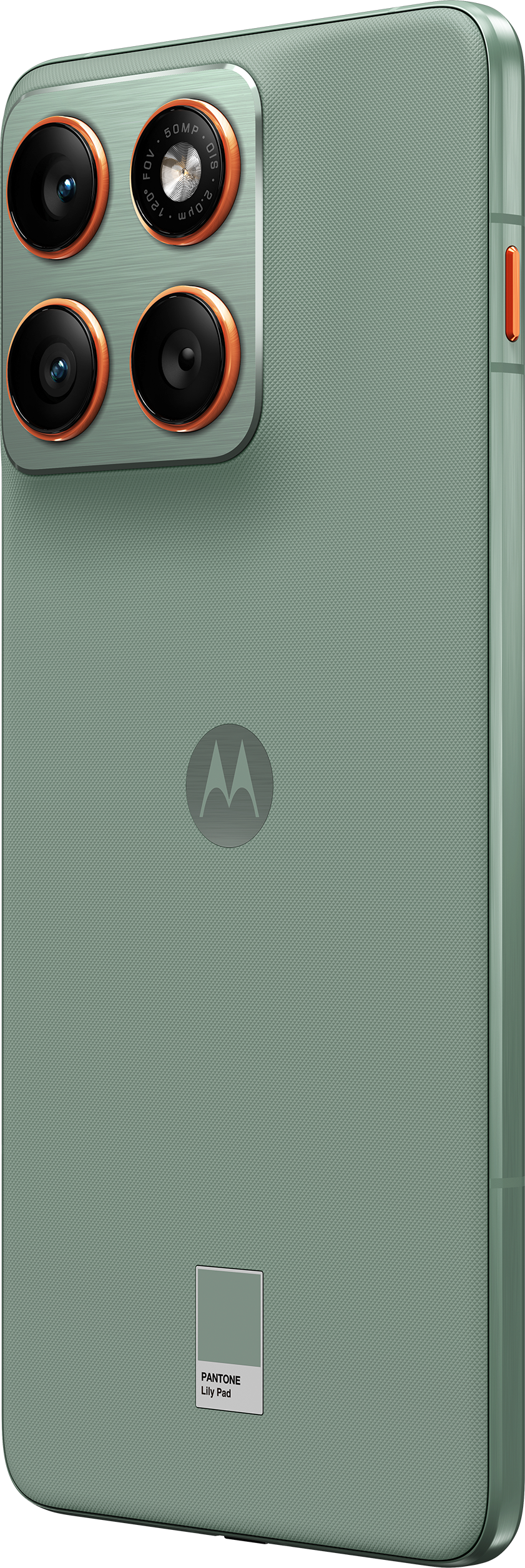 Grünes Smartphone mit vier Kameras, orangefarbenen Akzenten und Motorola-Logo. Pantone Lily Pad Farbe.