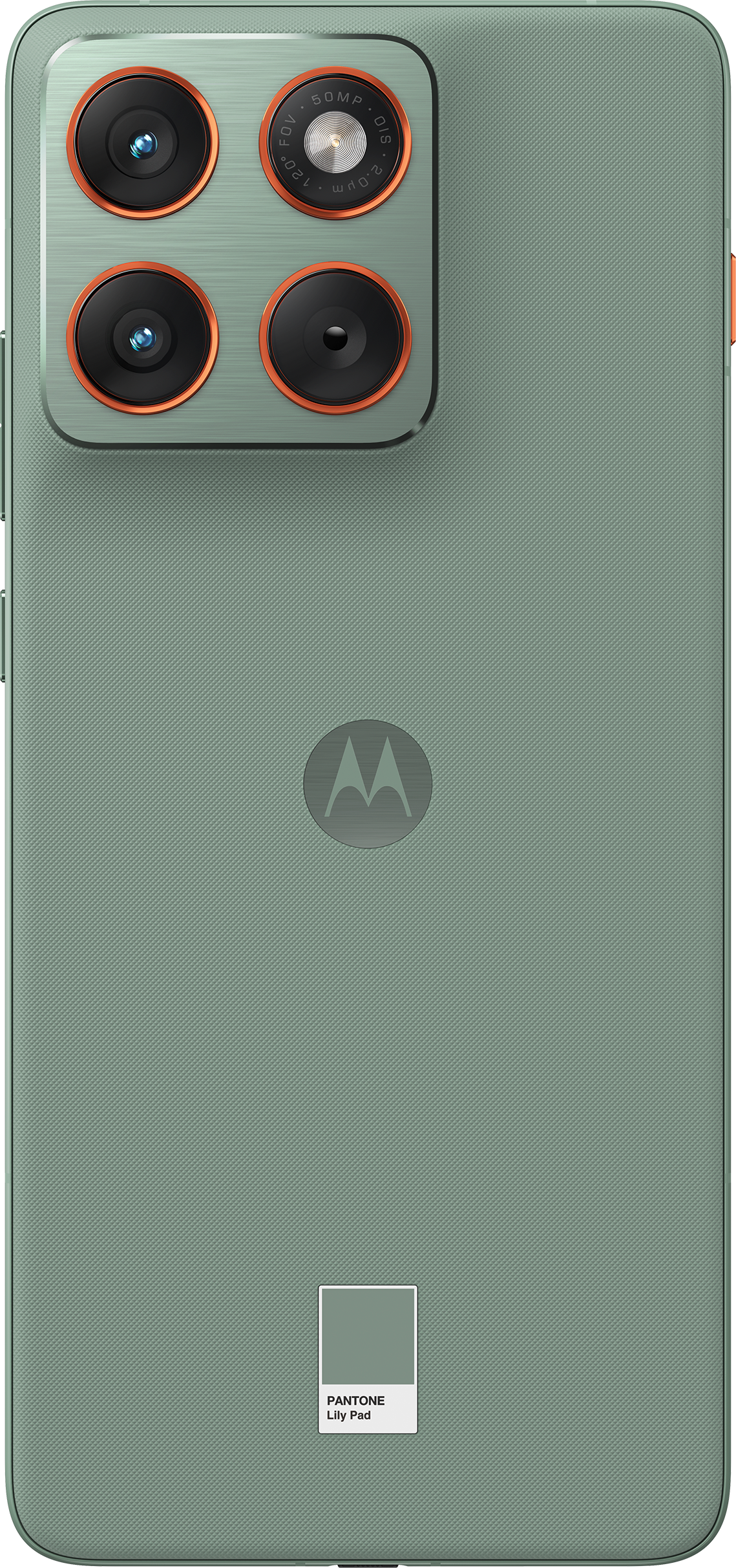 Rückseite eines grünen Motorola-Telefons. Es hat vier Kameras, ein Logo und die Pantone-Farbe 'Lily Pad' wird angezeigt.