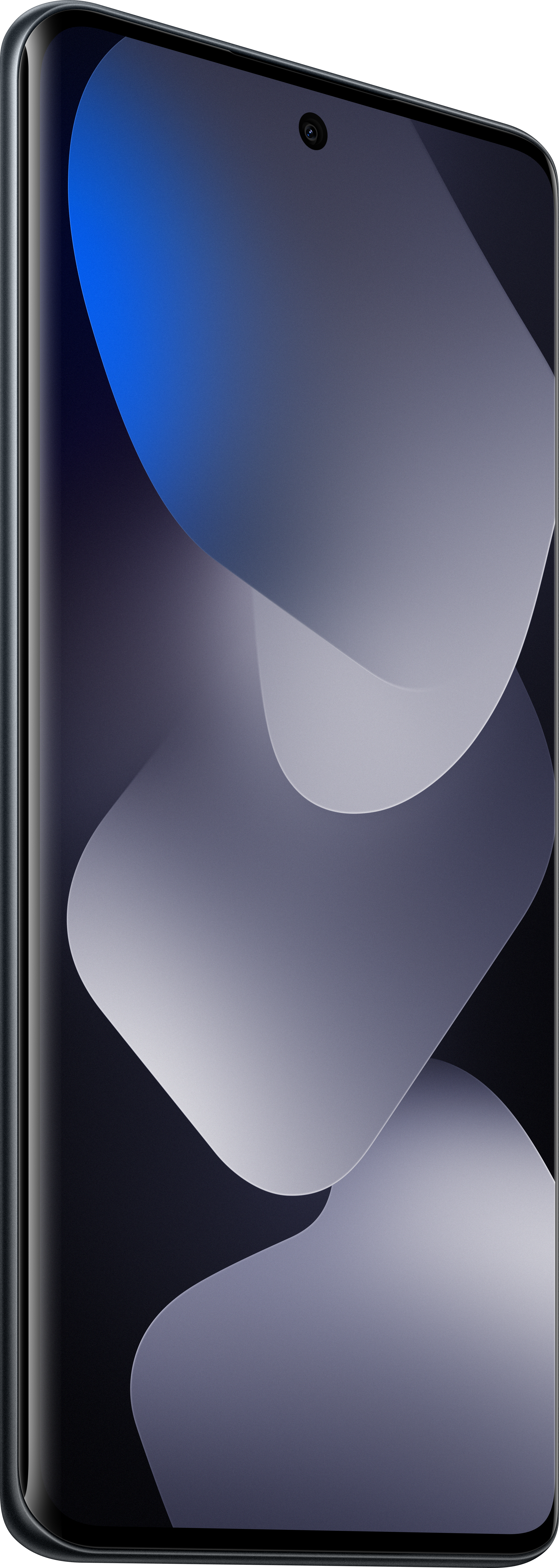 Ein Smartphone mit gebogenem Bildschirm. Es hat eine Kamera oben. Der Bildschirm zeigt ein blaues und graues abstraktes Design.