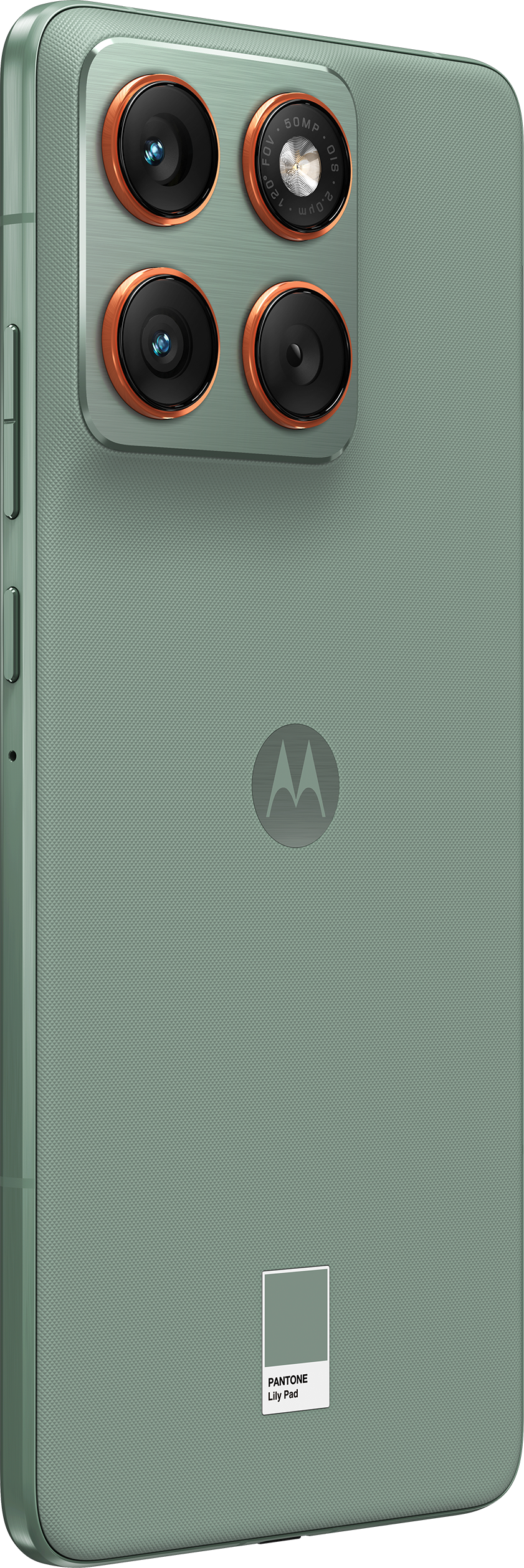Ein mintgrünes Smartphone mit Quad-Kamera. Das Telefon hat ein Motorola-Logo und ein Pantone-Farbetikett.