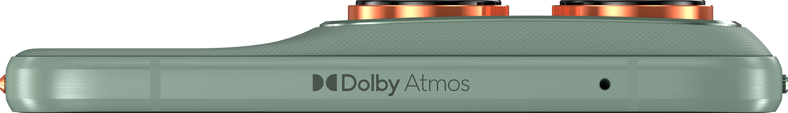 Seitenansicht eines mintgrünen Geräts mit kupfer- und schwarzen Komponenten. Dolby Atmos Logo sichtbar.
