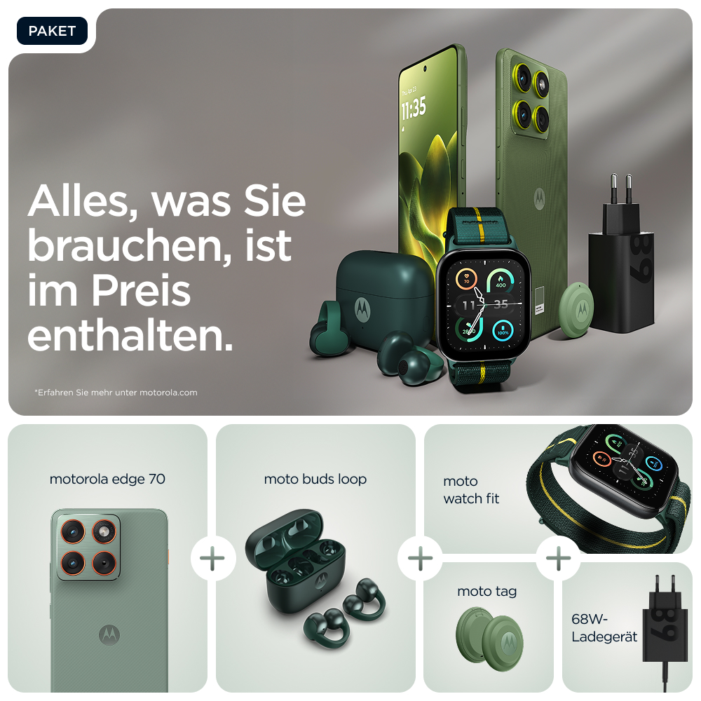 Das Bild zeigt Motorola-Produkte: Telefon, Uhr, Ohrhörer, Ladegerät und Tag. Alle Artikel sind grün. Text: 'Alles, was Sie brauchen, ist enthalten'.