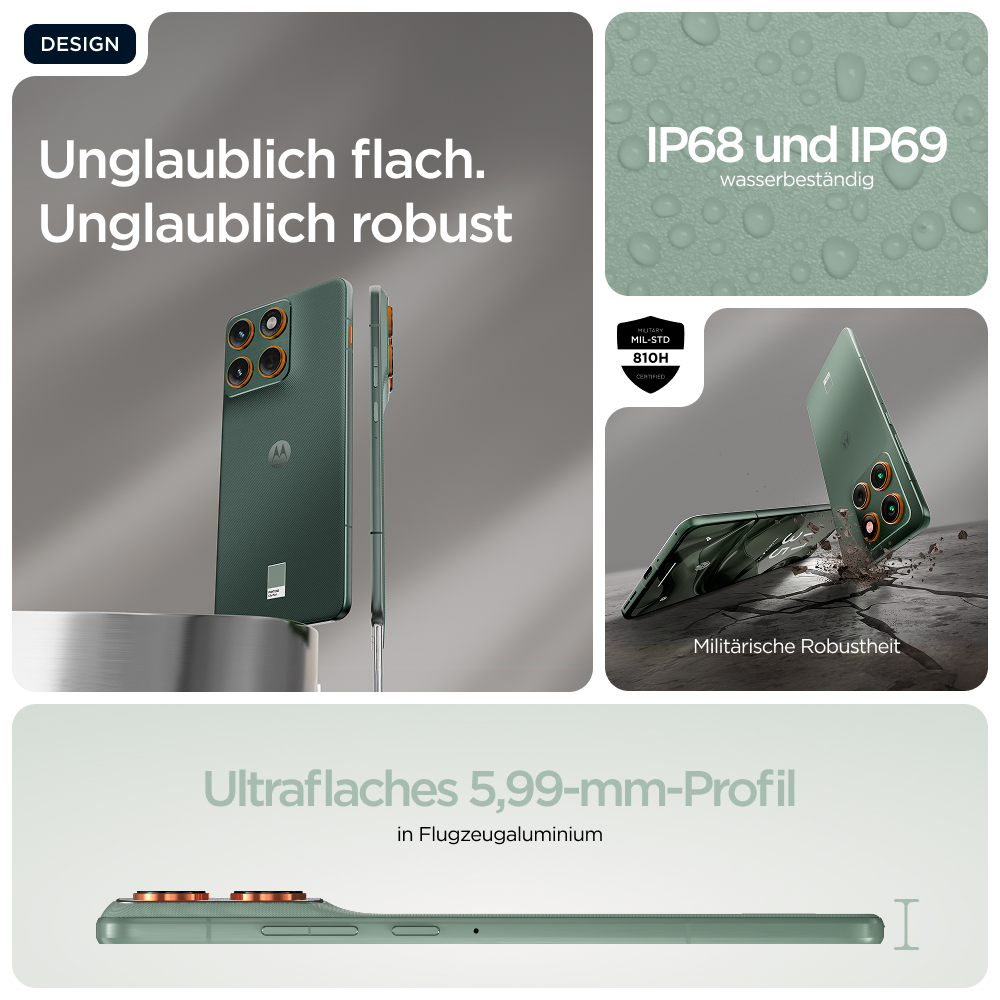 Grünes Smartphone mit orangefarbenen Akzenten. Merkmale sind Wasserfestigkeit, robuste Militärqualität und ein dünnes Profil aus Aluminium.