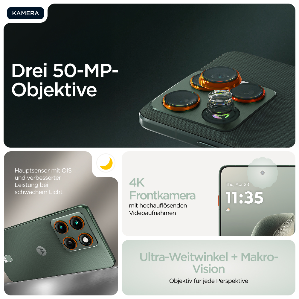 Das Bild zeigt ein Smartphone mit drei 50MP-Objektiven. Zu den Merkmalen gehören eine 4K-Frontkamera und Ultraweitwinkel-Makro-Vision.