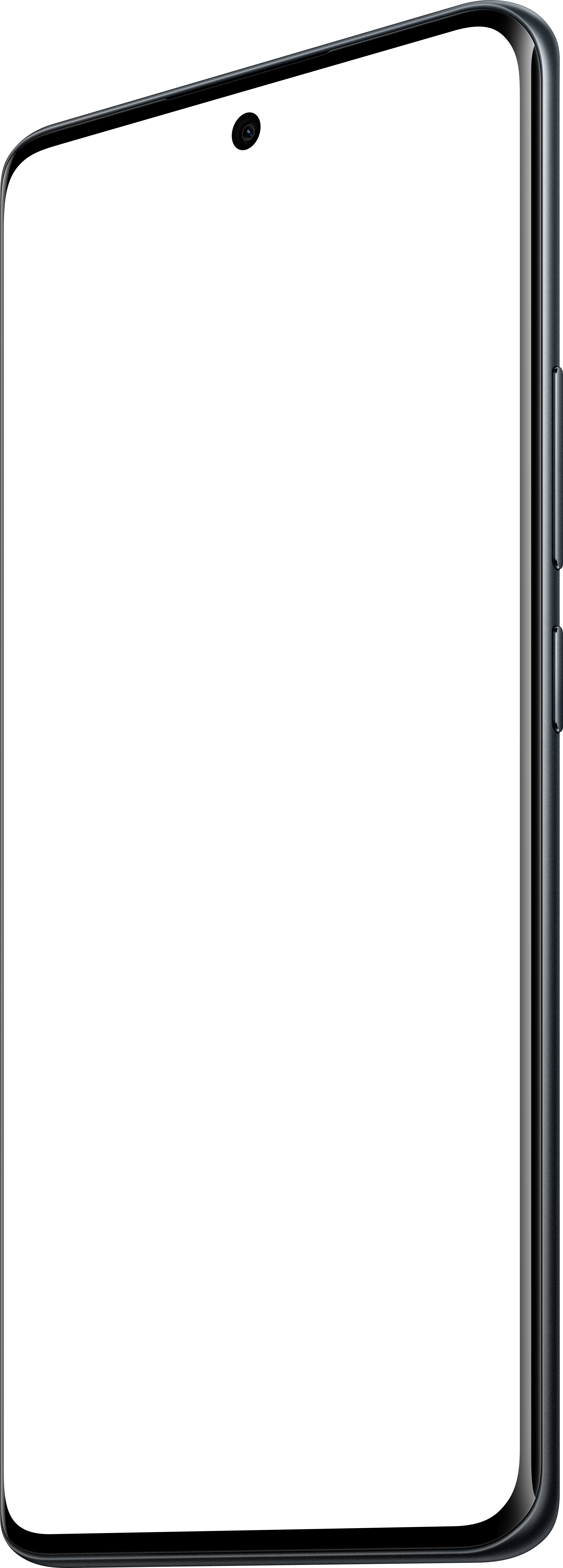 Nahaufnahme eines schwarzen Smartphones mit Bildschirm, Kamera und Seitentasten. Der Bildschirm ist schwarz.