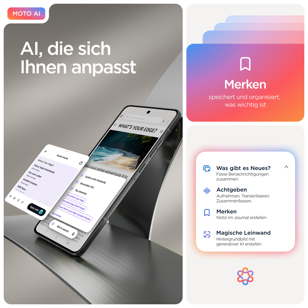 Ein Telefon zeigt eine Website. Text enthält 'KI' und 'What's Your Edge?' mit Optionen. Andere Bildschirme zeigen App-Funktionen.