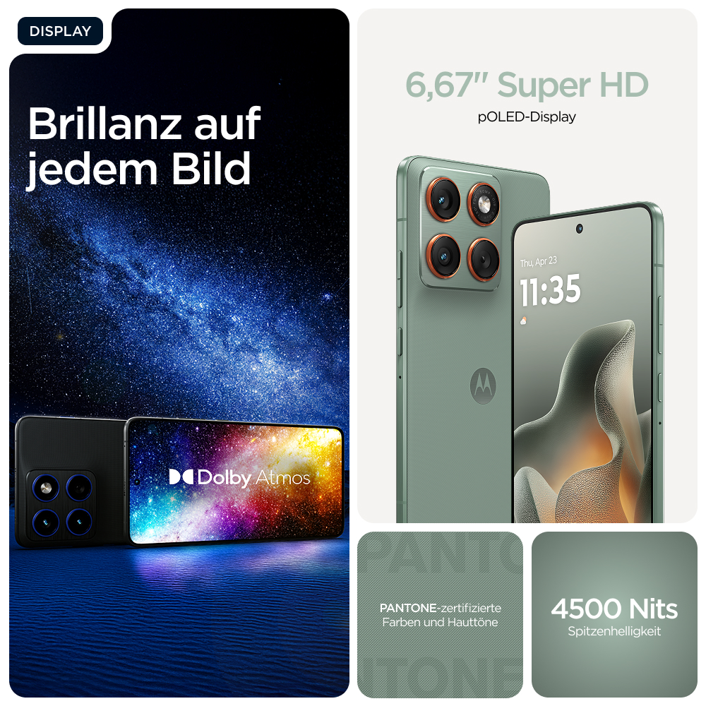 Das Bild zeigt zwei Telefone, eines schwarz und eines grün, mit Sternenhintergrund. Text hebt Display-Funktionen wie Dolby Atmos und Super HD hervor.