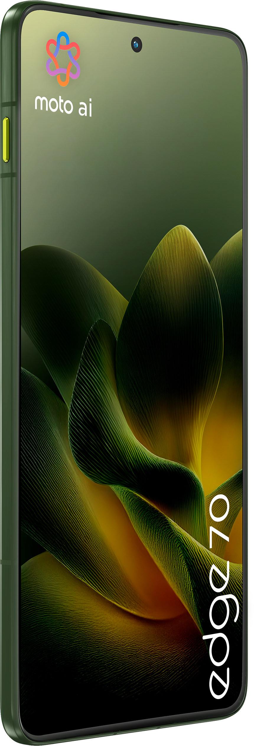 Grünes Smartphone mit floralem Hintergrund. Mit 'moto ai' und 'edge 70' Branding.