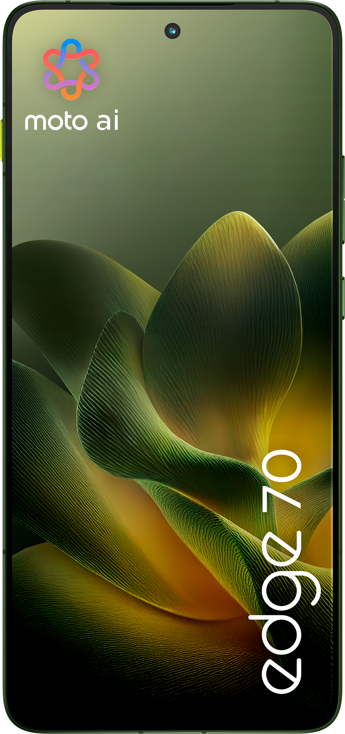 Telefonbildschirm zeigt grünes und gelbes abstraktes Blumenmuster. Oben Kamera und Logo. Edge 70 Text vertikal.