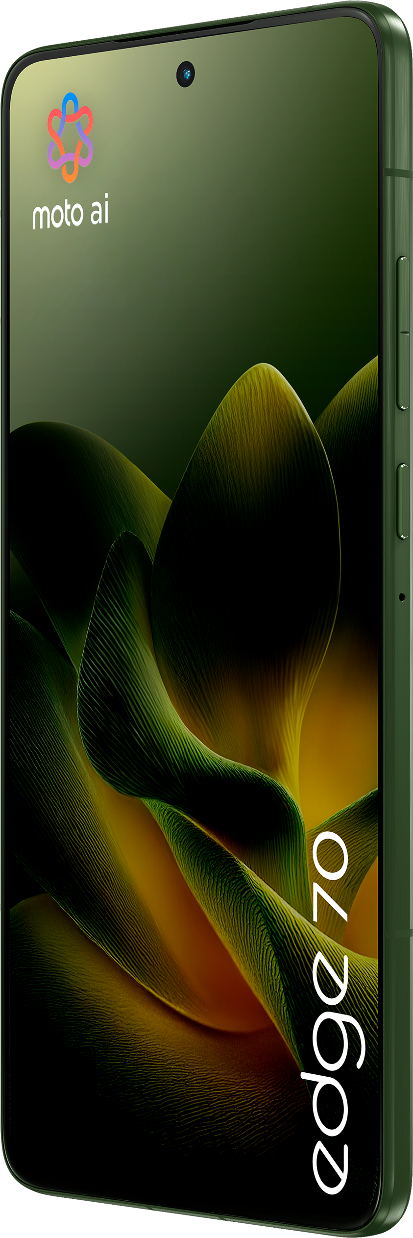Grünes Smartphone mit floralem Hintergrund. Das Telefon zeigt das 'moto ai'-Logo und den Text 'edge 70'.