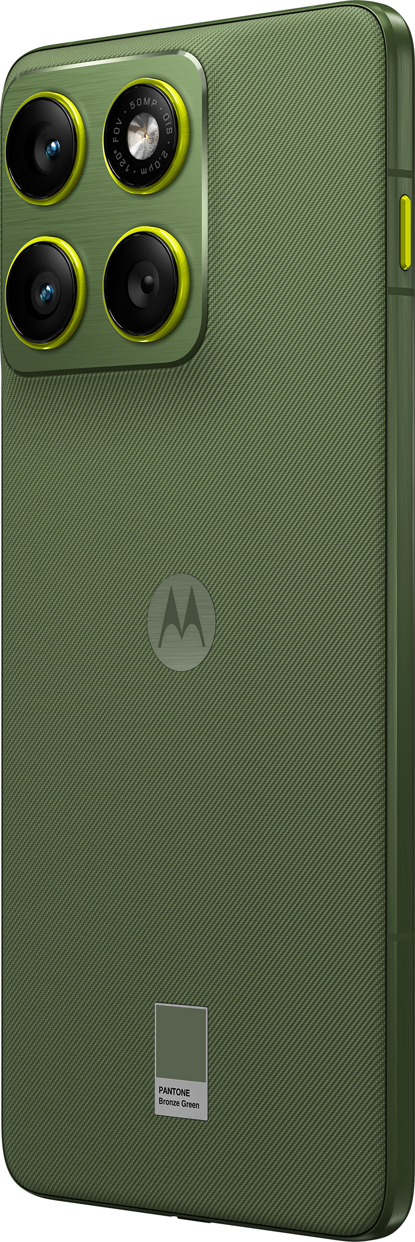 Olivgrünes Smartphone, Rückansicht. Merkmale: Kamera mit gelben Akzenten, Motorola-Logo und Pantone Bronze Green-Etikett.