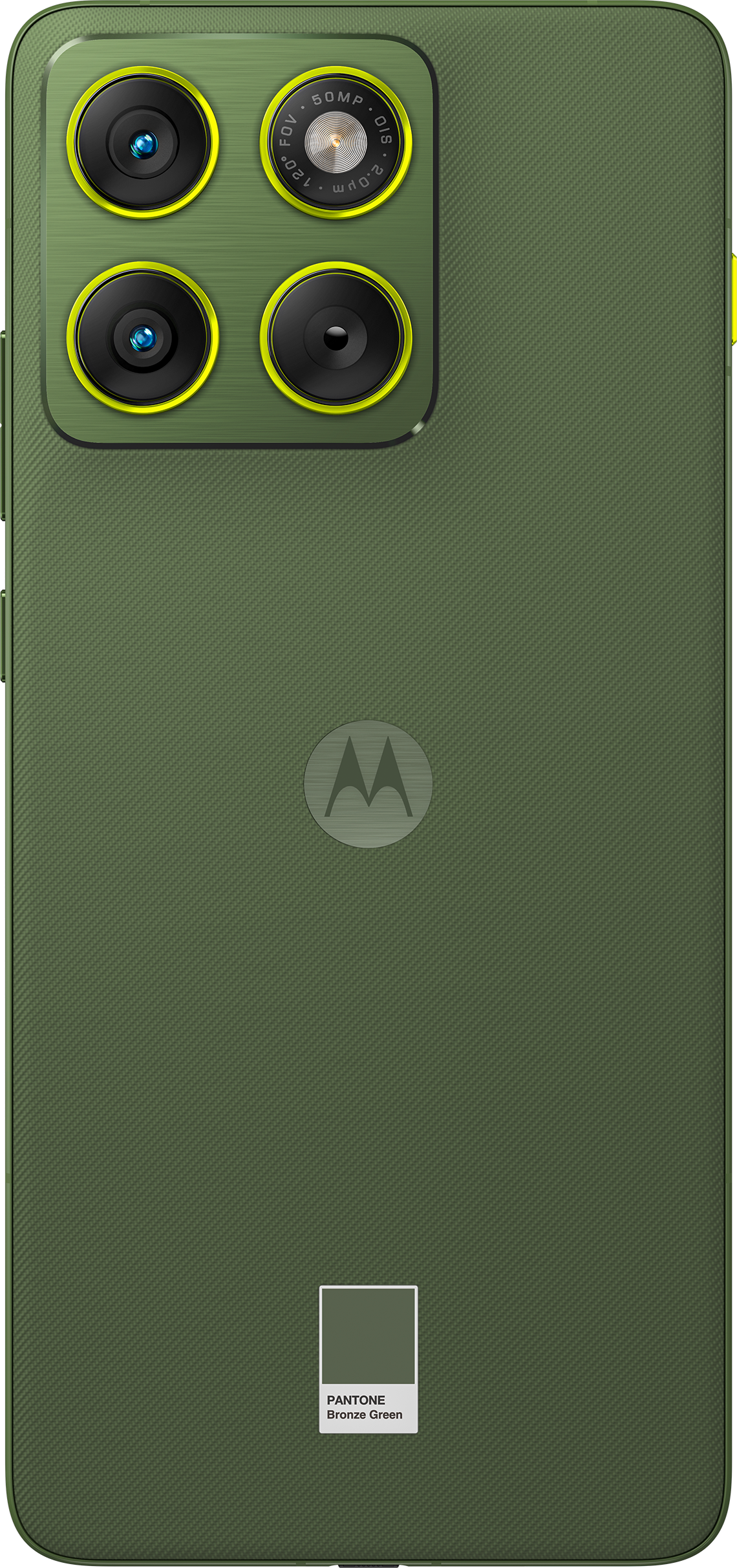Olivgrüne Motorola-Telefonrückseite. Vier Kameralinsen mit gelben Akzenten. Motorola-Logo in der Mitte. Pantone Bronze Green.