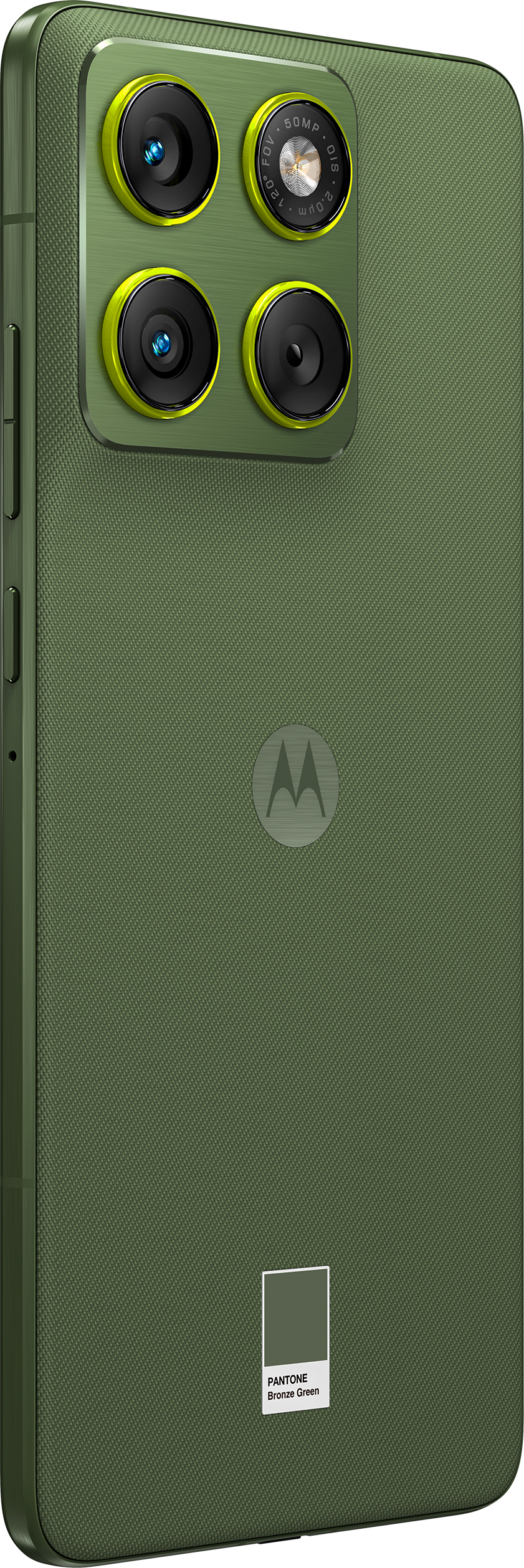 Rückseite eines olivgrünen Telefons mit vier Kameralinsen und einem Motorola-Logo. Pantone Bronze Green Farbe gezeigt.